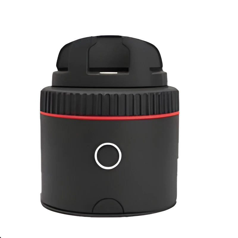 Black PIVO facial tracking camera unit showing 360-degree rotation base for smartphones.