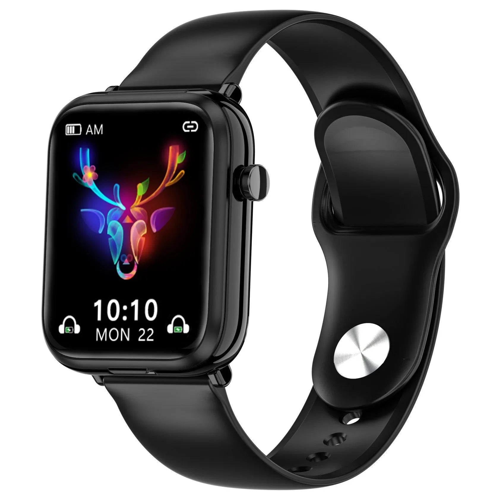Black smart Bluetooth headset watch with full touch screen showing heart rate monitoring display