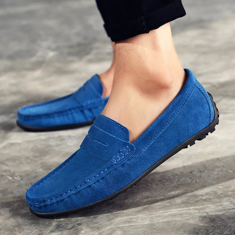 Men's suede leather casual loafers in low-top Gommino style with rubber soles