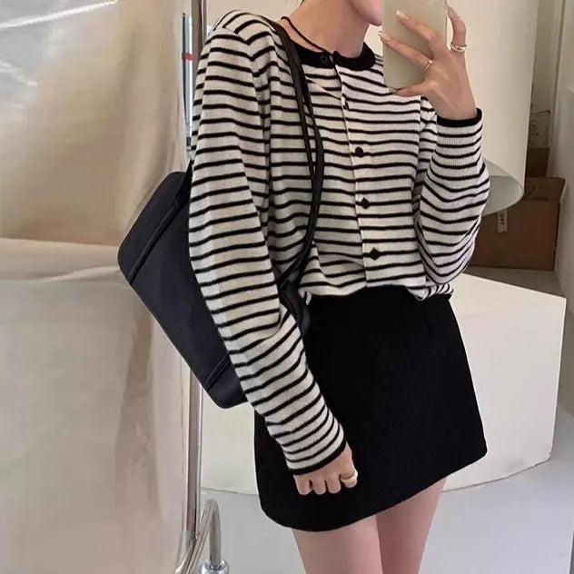 Women's dark grey and white striped viscose cardigan with French style design and 40cm short length