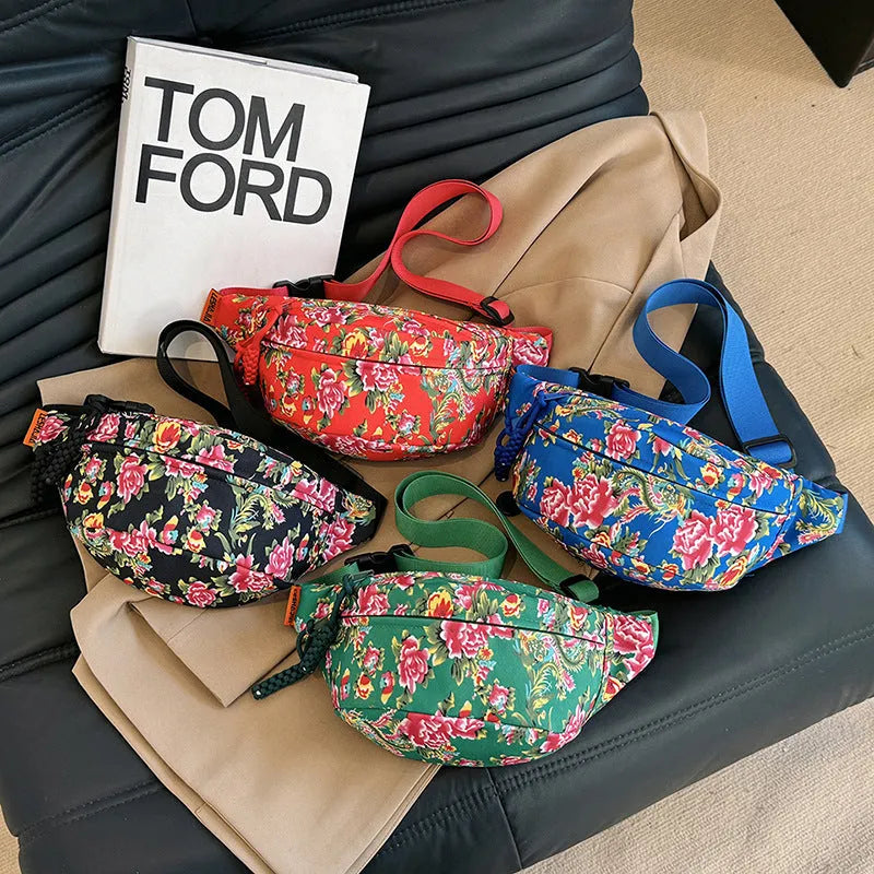 Women's Western style floral waist bag with three-dimensional pocket in four colour options