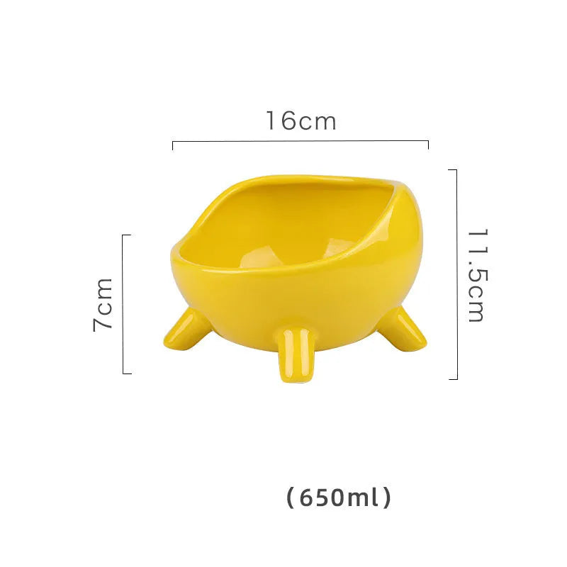 Green ceramic pet food bowl with four stabilising legs and wide opening