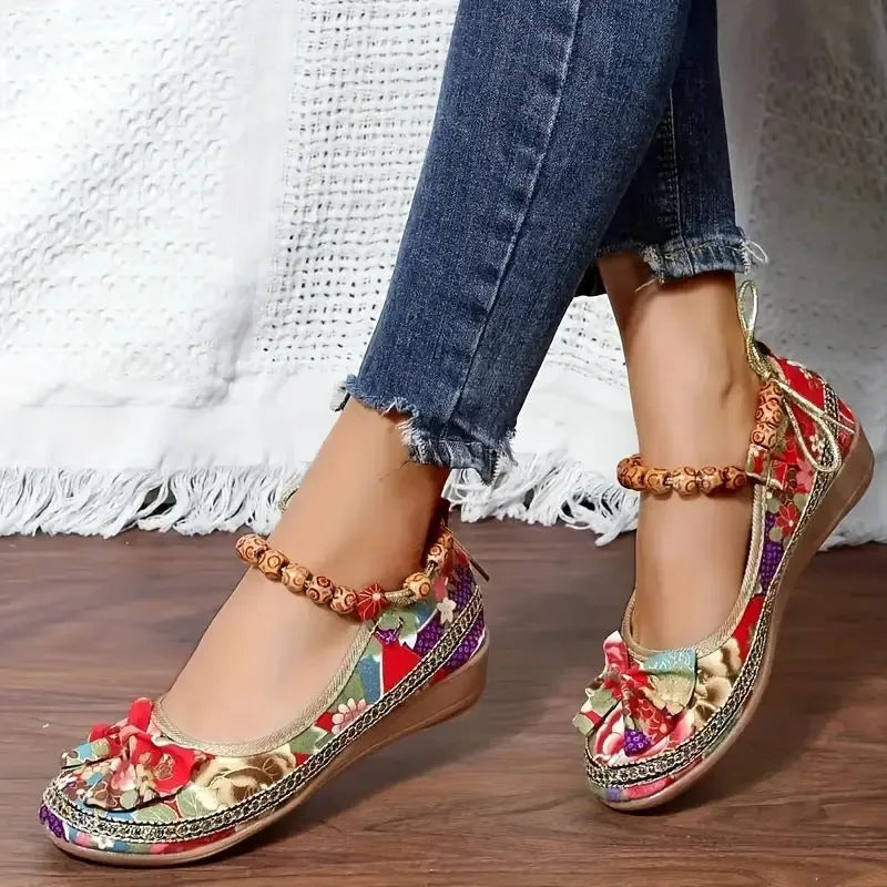 Women's black ethnic platform sandals with cloth upper and elastic band in size display