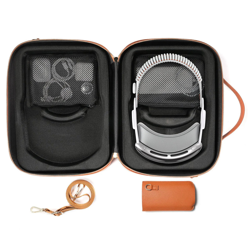 Vision Pro MR headset storage box in black Superfiber material showing interior dimensions