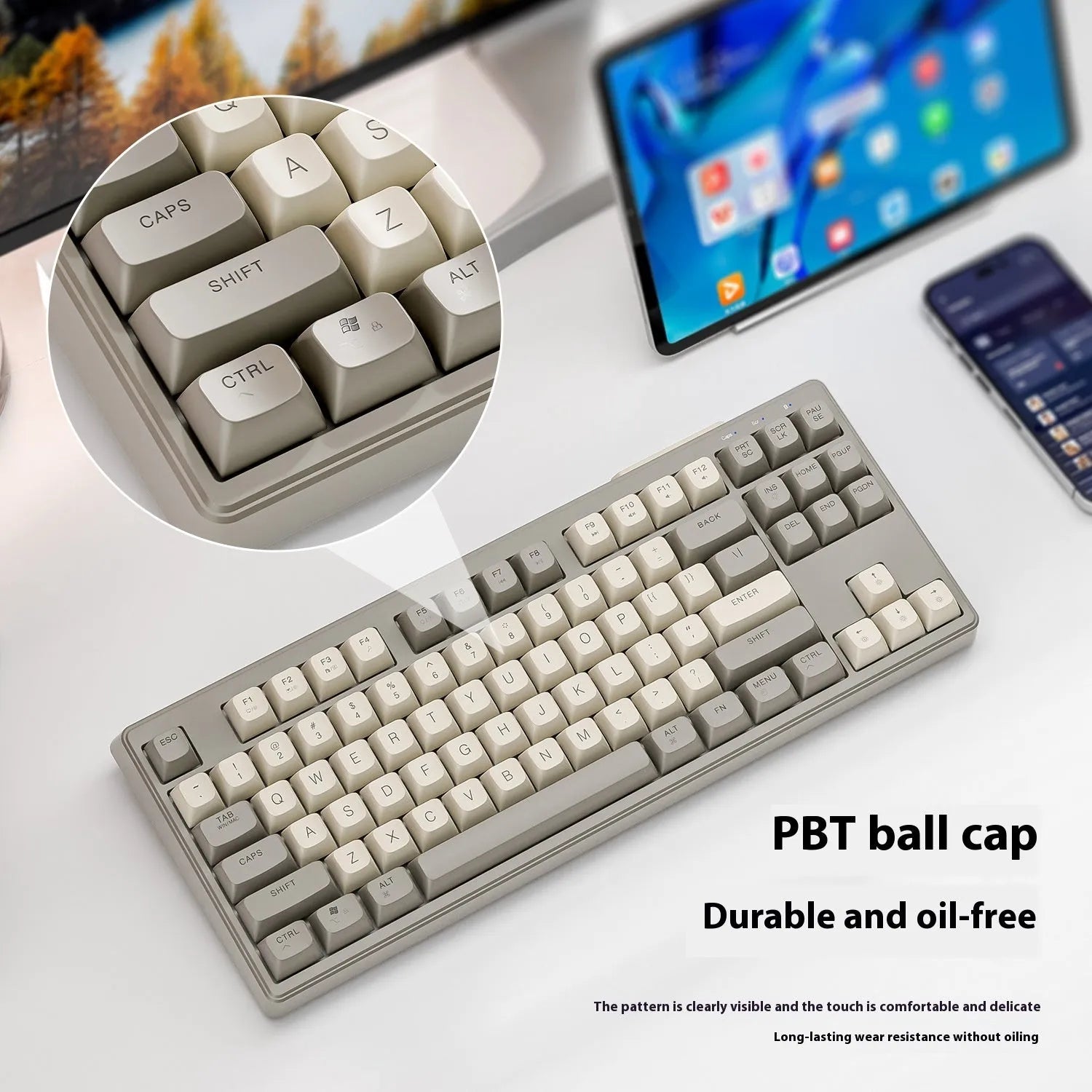 Wireless Bluetooth dual mode mechanical feeling keyboard in Blueberry colour with compact 38 cm design
