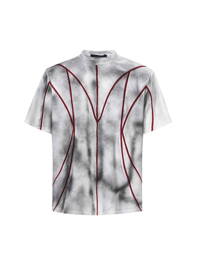 Women's padded shoulder T-shirt with three-dimensional line patchwork design and round neck collar