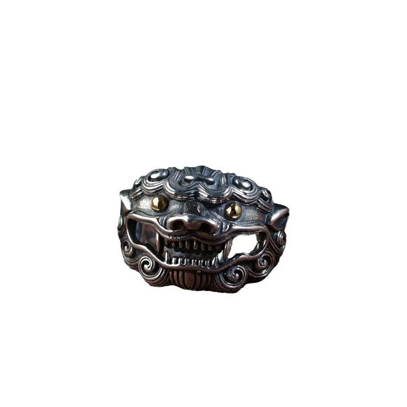 Sterling silver open ring with detailed Domineering Diamond and Jibeast animal pattern.