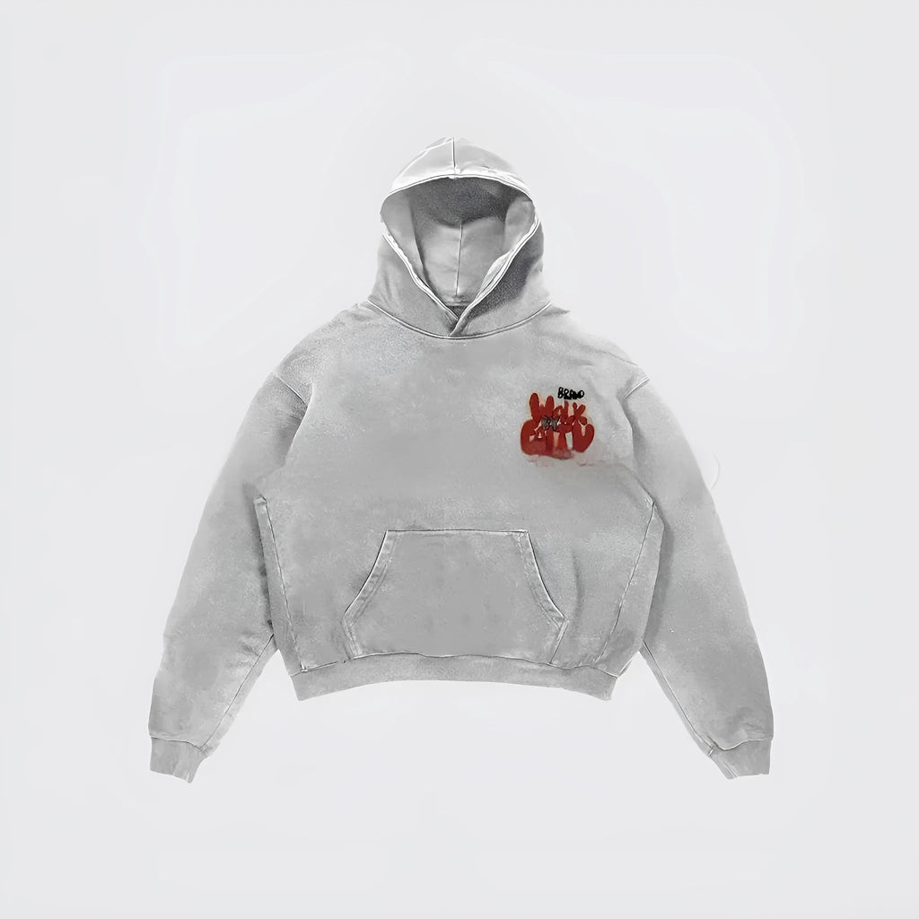 Granny Grey women's hoodie with vintage letter print, front pocket, and long sleeves