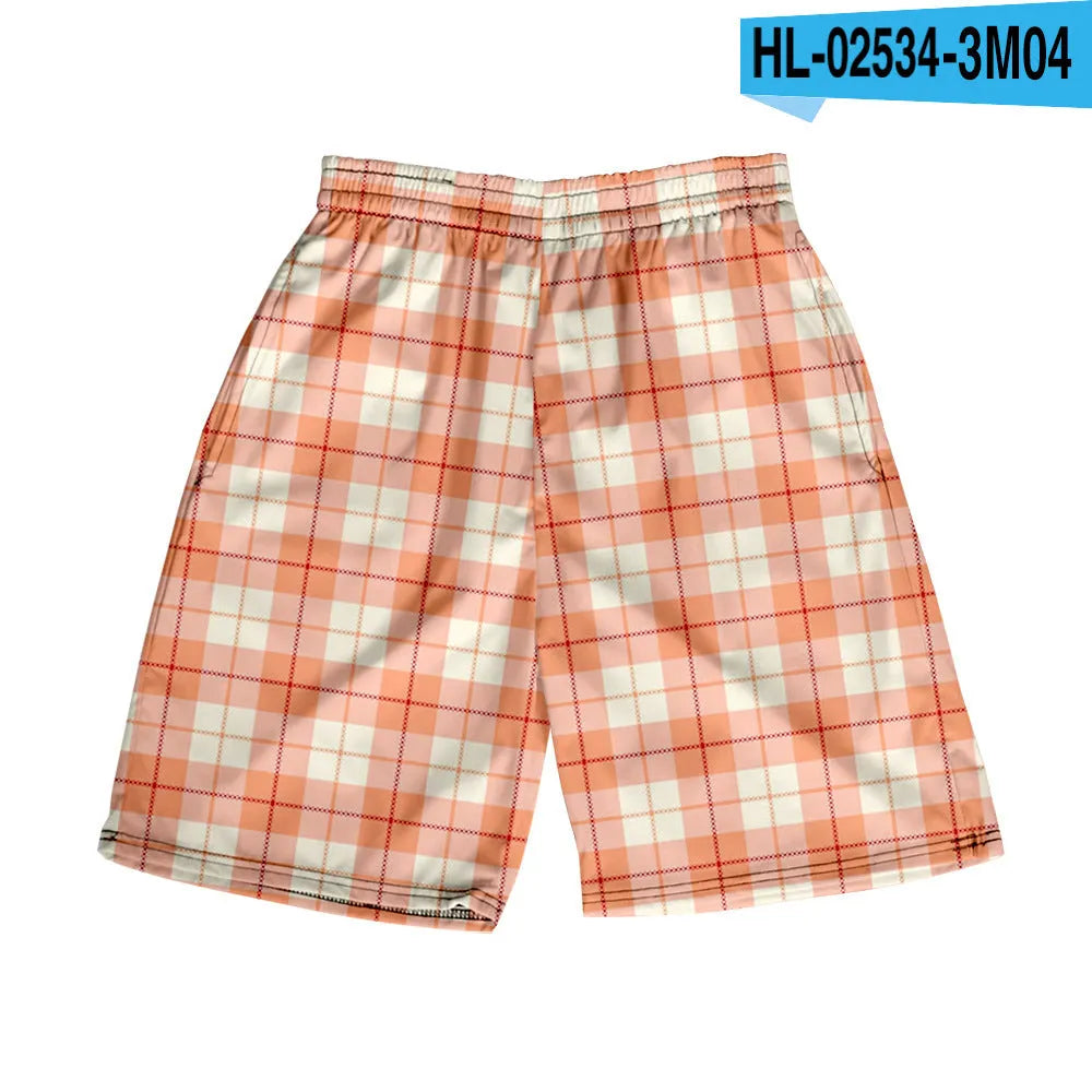 Man wearing casual plaid polyester shorts with an elastic waistband, shown in a straight-leg shorts style.