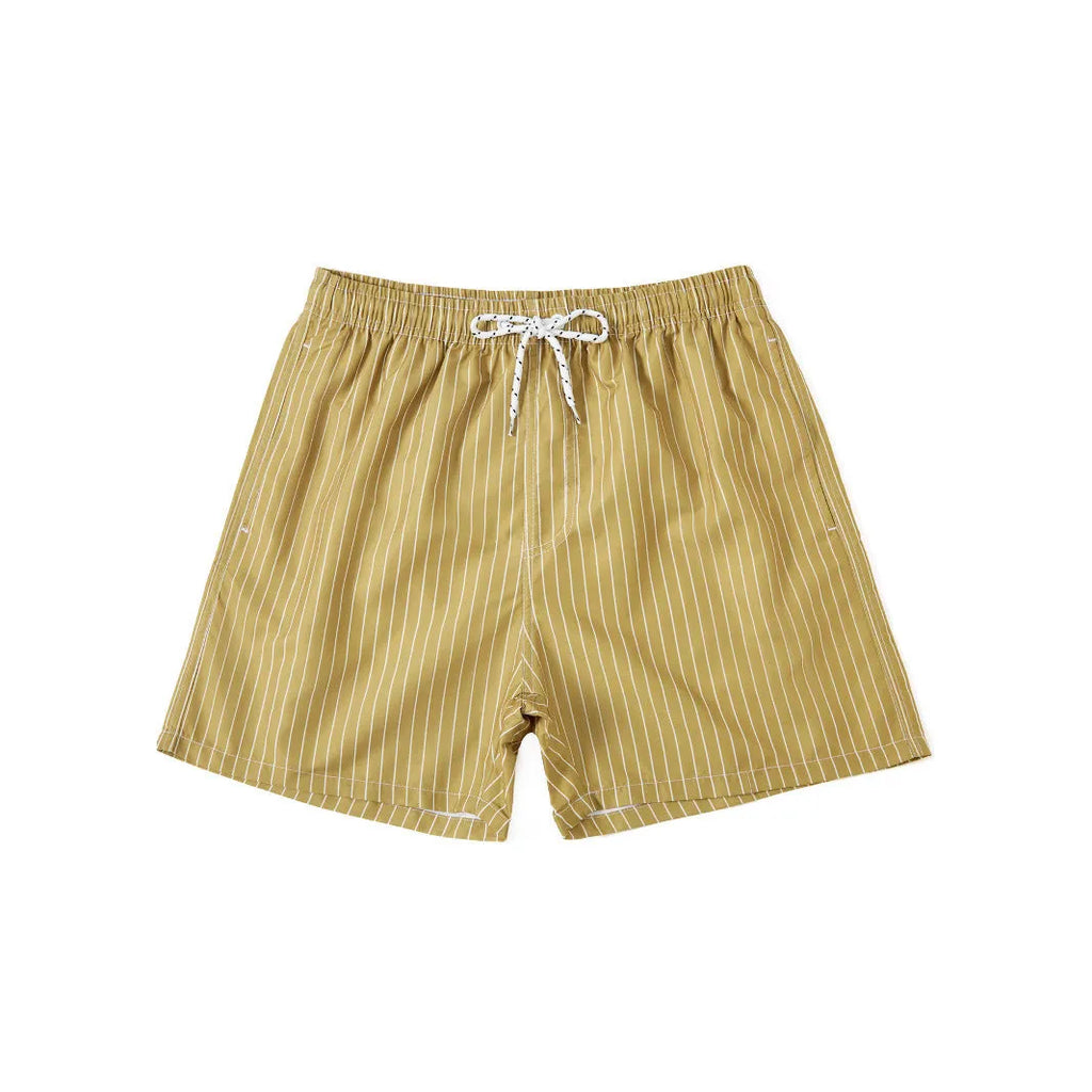 Men's navy blue polyester casual shorts with a visible striped triangle lining inside.
