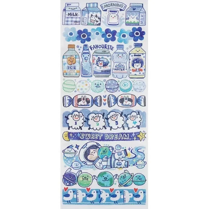 Sheet of colourful cartoon character stickers for haemorrhoid tape packaging on Japanese paper.