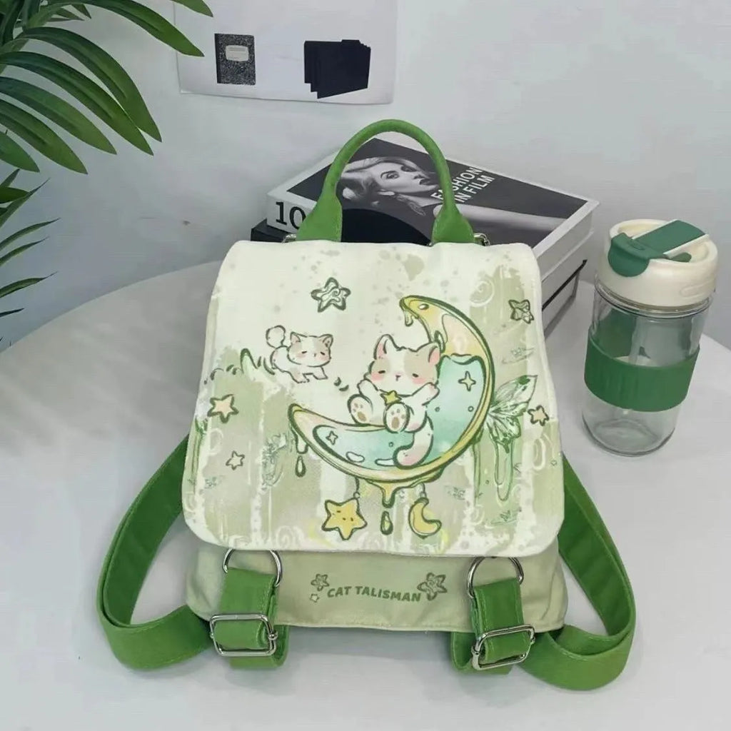 Mint Mambo Green cute polyester backpack with spliced design, sandwich pocket, 23x10x25cm, on white background