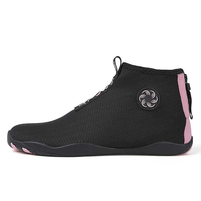 Mid-top beach shoes in black and fluorescent green colour with mesh fabric upper and rubber sole