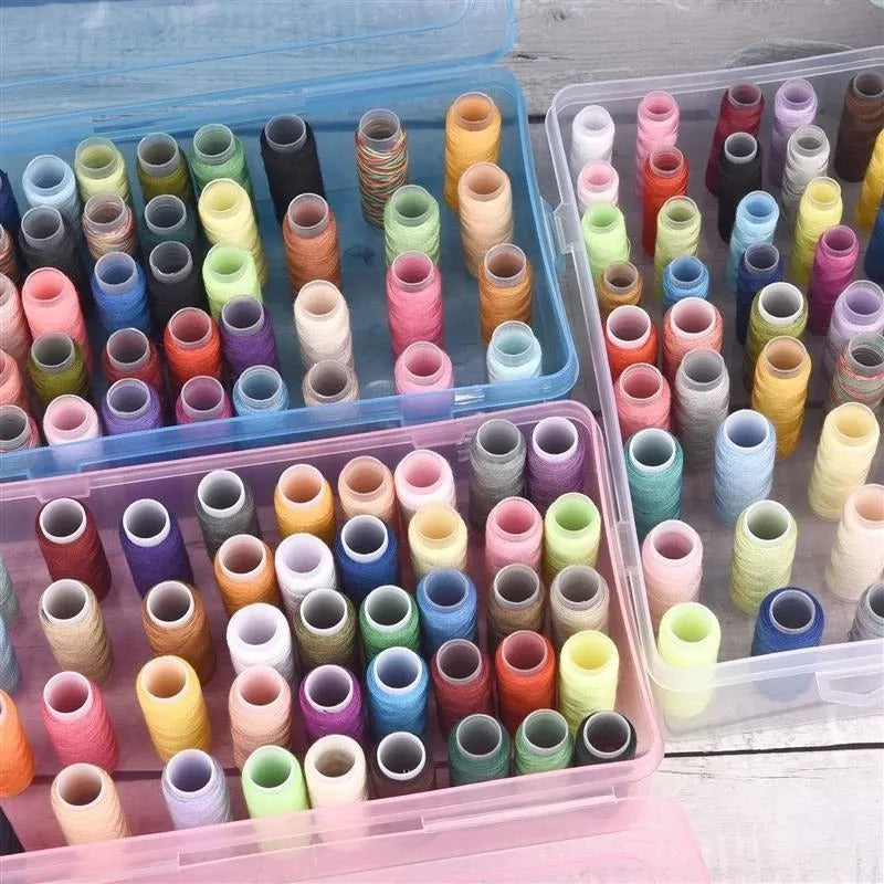 Plastic storage box with 42 small compartments for sewing threads and craft supplies.