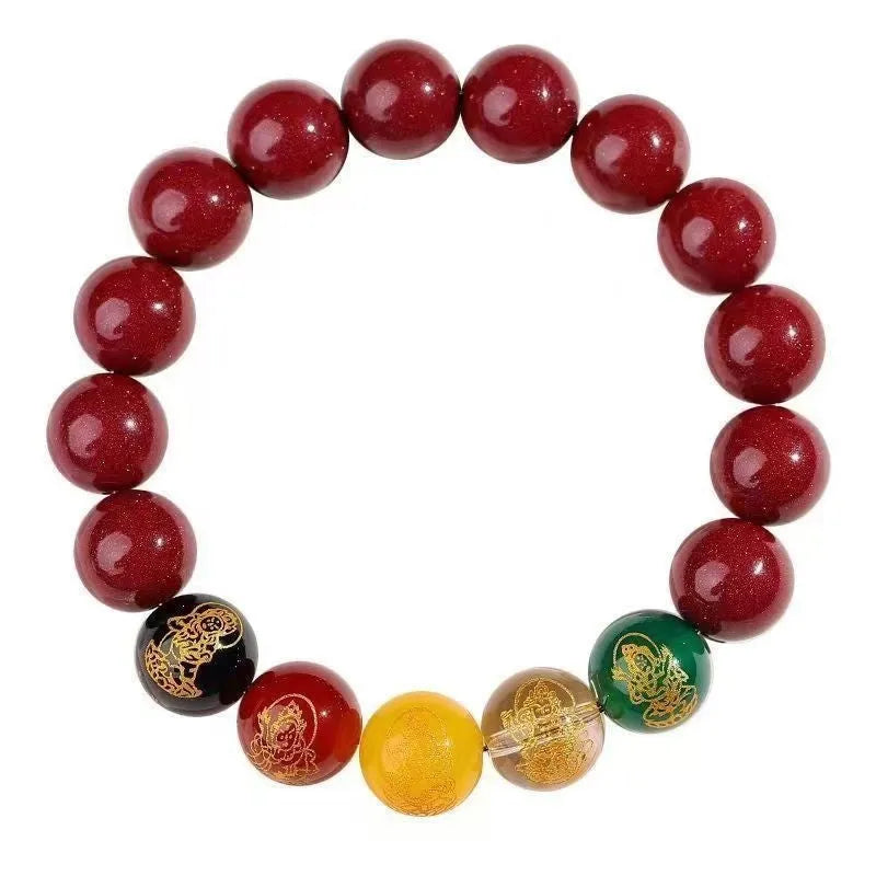 Five Gods of Wealth cinnabar bracelet with natural stone beads and animal carvings