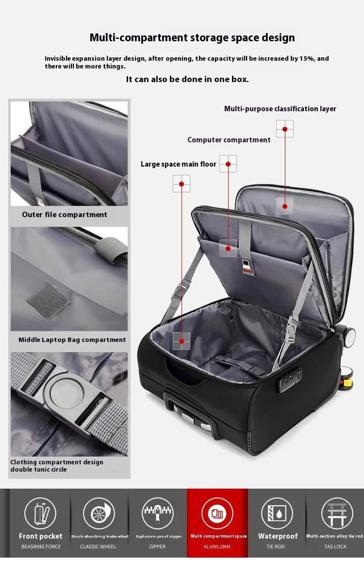 18 inch black Oxford cloth business luggage with pull handle and universal wheels