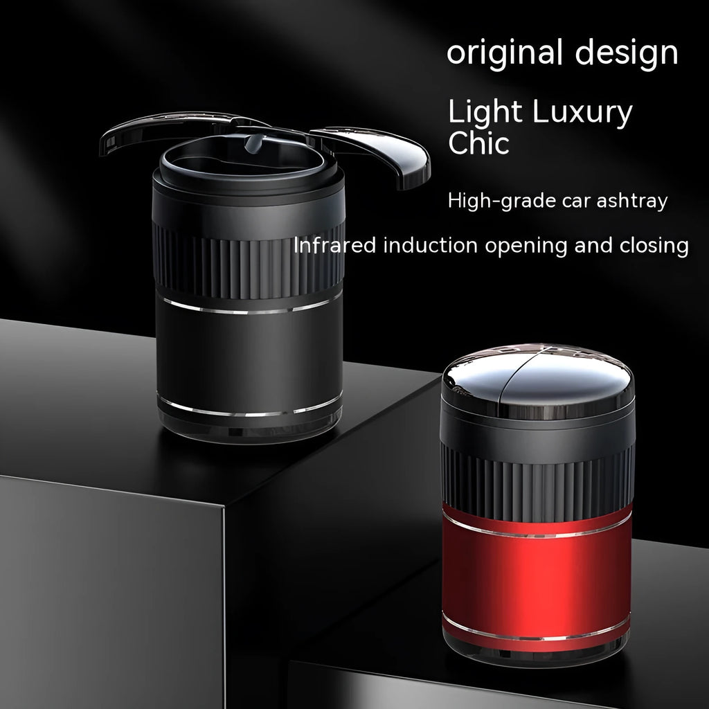 Automatic infrared sensing car ashtray in black metal with lid and charging cable.