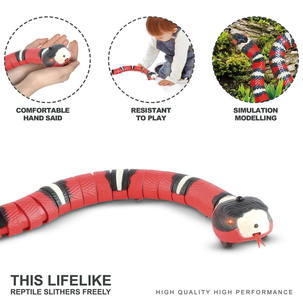 Smart sensing electronic snake cat toy with realistic cobra design on a floor