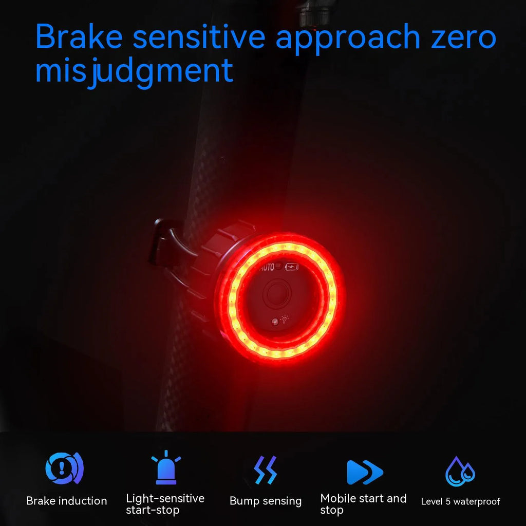 Black intelligent induction brake taillight with aluminium alloy body and seat tube bracket for cycling safety