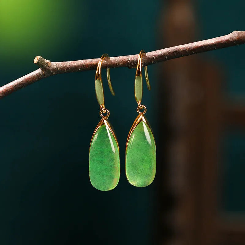 Geometric copper earrings with water droplet design and electroplated jade finish in Chinese style