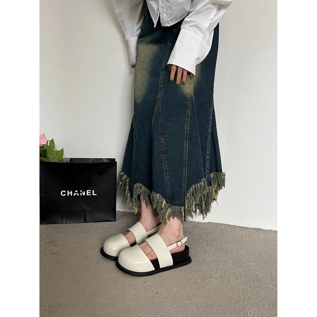 Women's retro Korean style sandals with closed toe, ankle strap buckle, in apricot colour.