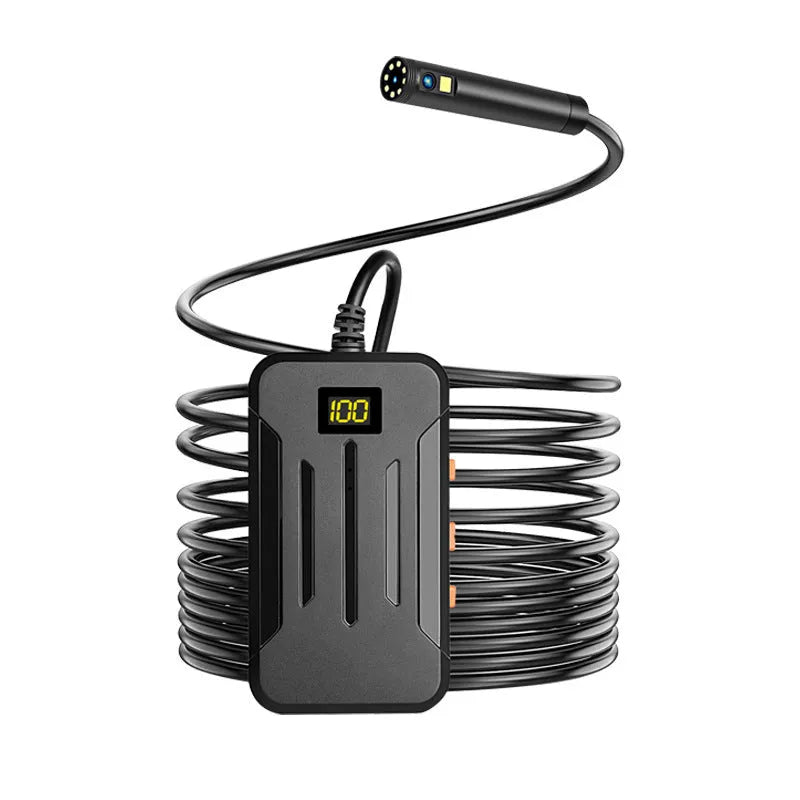 F300 wireless dual lens endoscope with IP68 waterproof rating and 20-metre cable next to hook and magnet accessories.