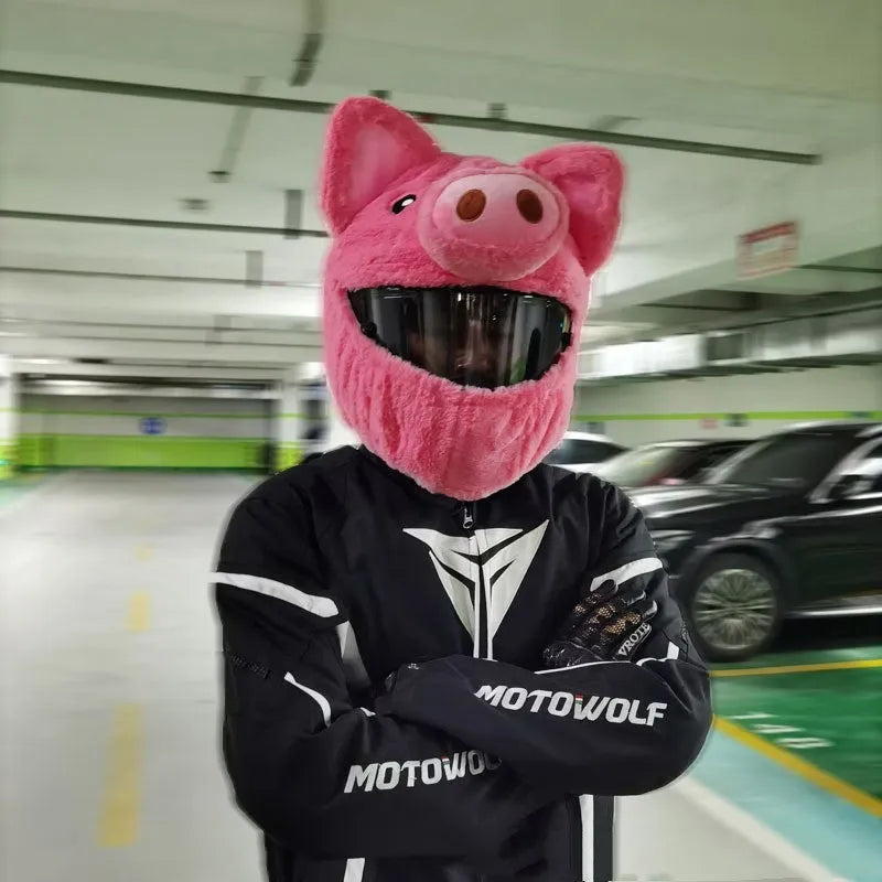 Pink cartoon pig design plush hood for motorcycle helmet comfort.