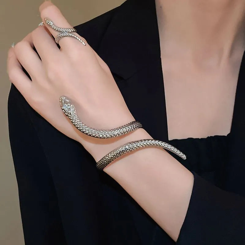 Twisted snake design ring and bracelet set in electroplated gold or silver metal