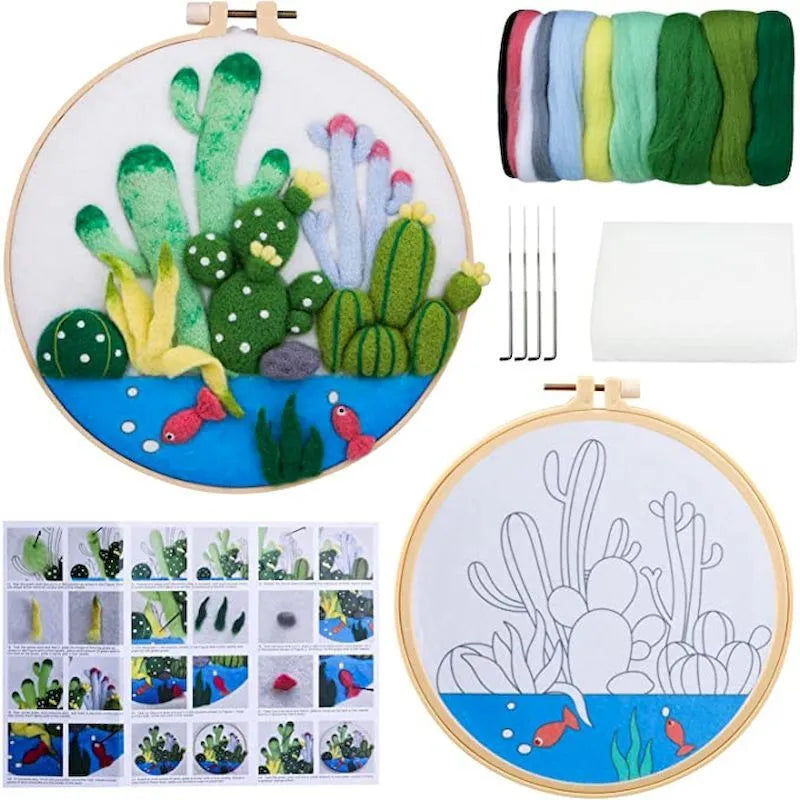 Round linen fabric embroidery kit with wool felt pieces for making a three-dimensional floral blanket painting, includes a free frame.
