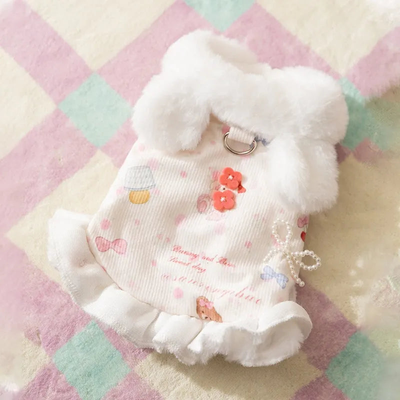 Winter fleece teddy dress with 3D ears for small dog in white, button closure and hood