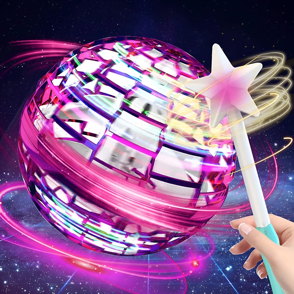 Blue spinning flying ball toy with LED lights hovering above a child's hand, with a magic wand accessory beside it.