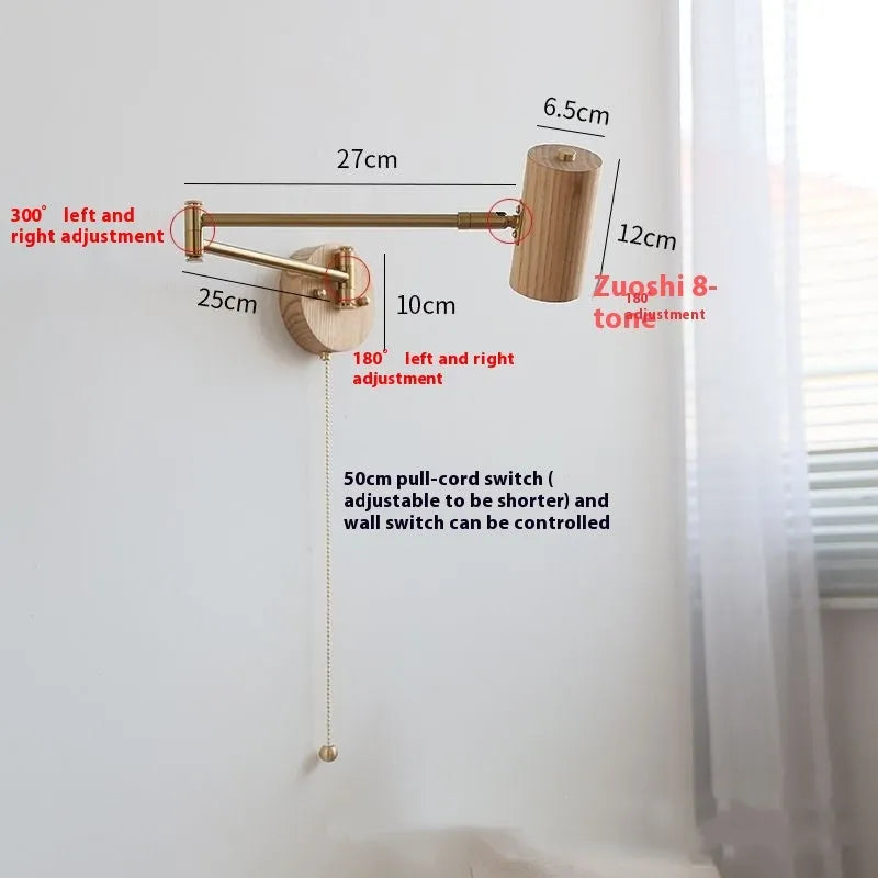 Retro rotating wall lamp with long-arm spotlight in walnut wood and iron with directional adjustment switch