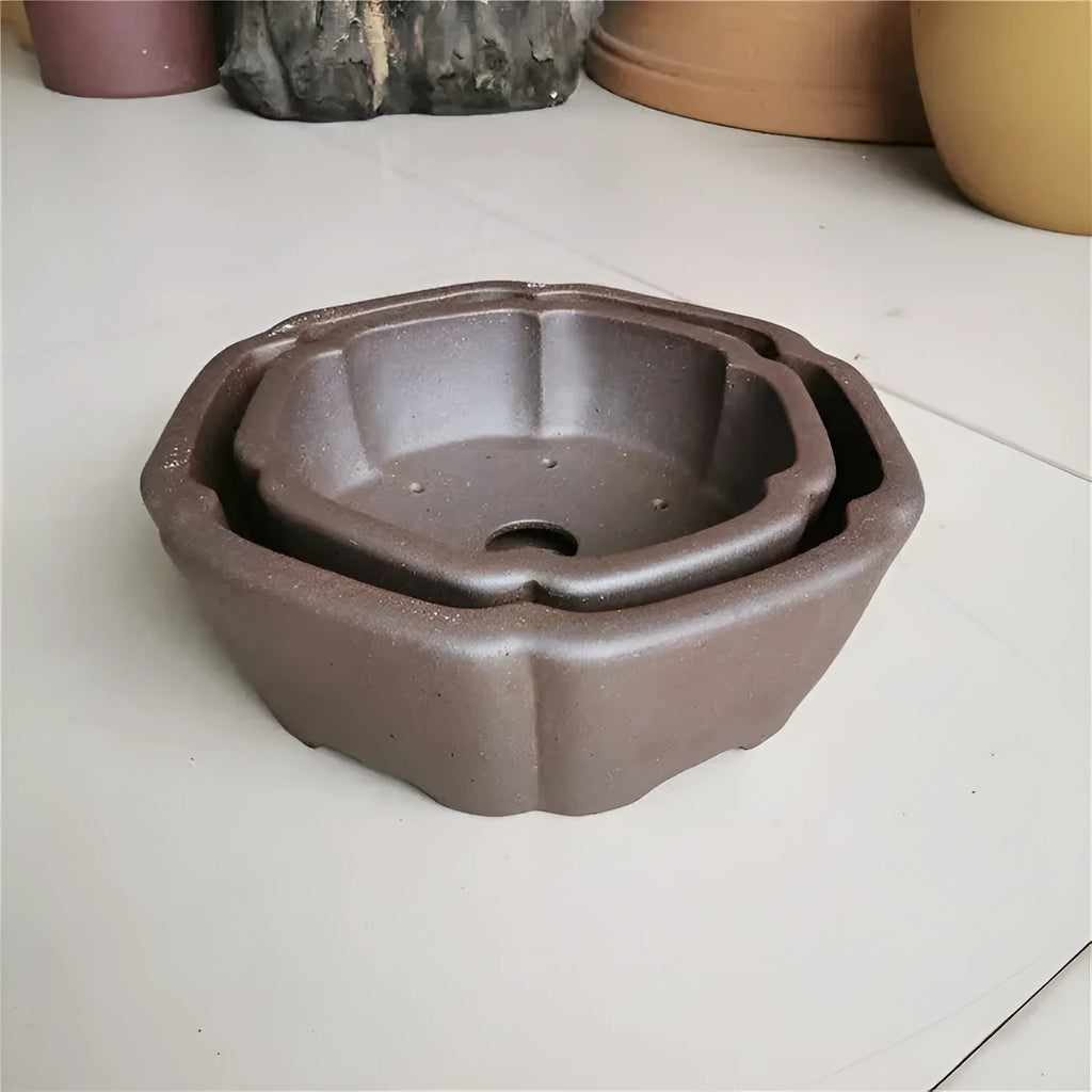 Large hexagonal purple sand kiln-baked flowerpot in brown for plants