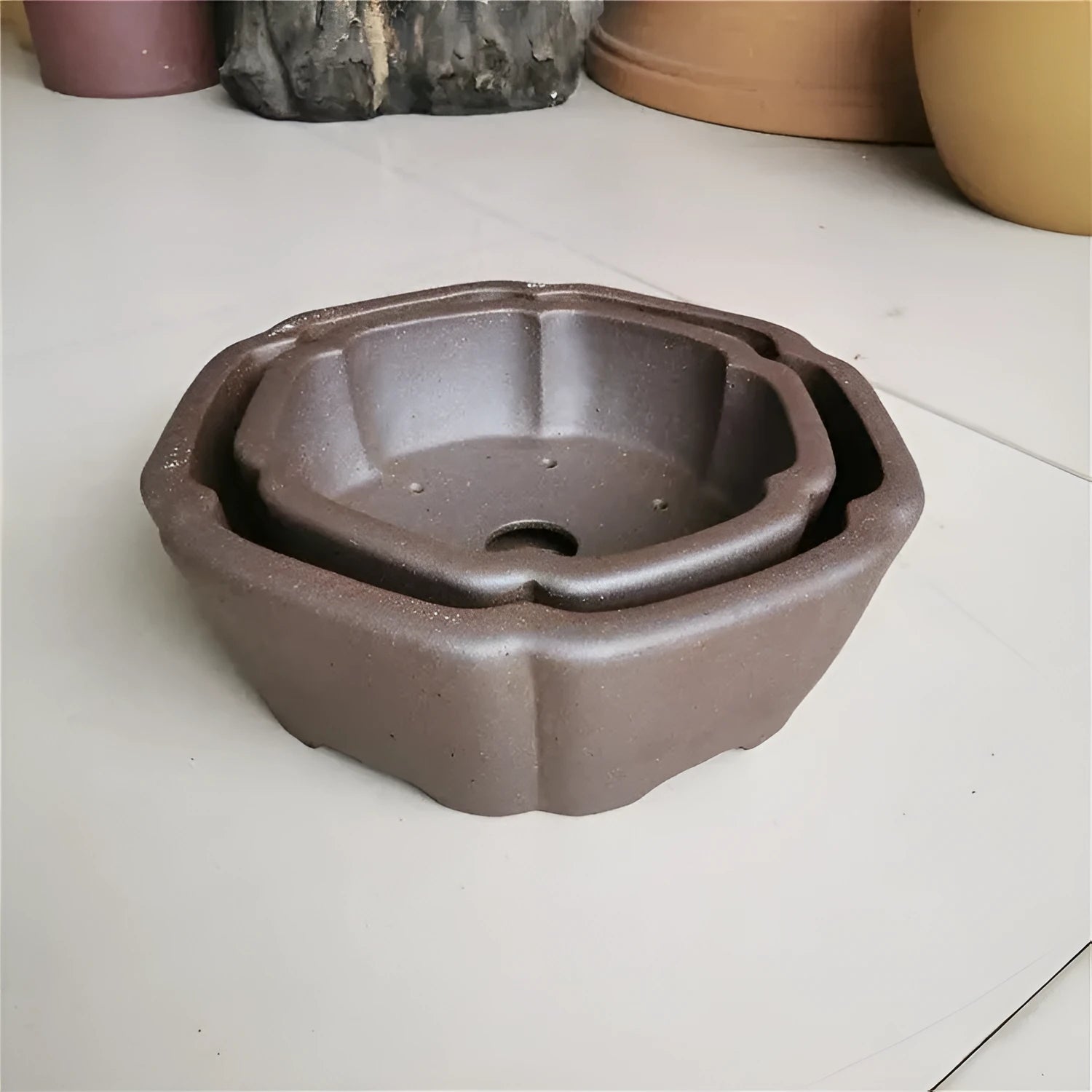 Large hexagonal purple sand kiln-baked flowerpot in brown for plants