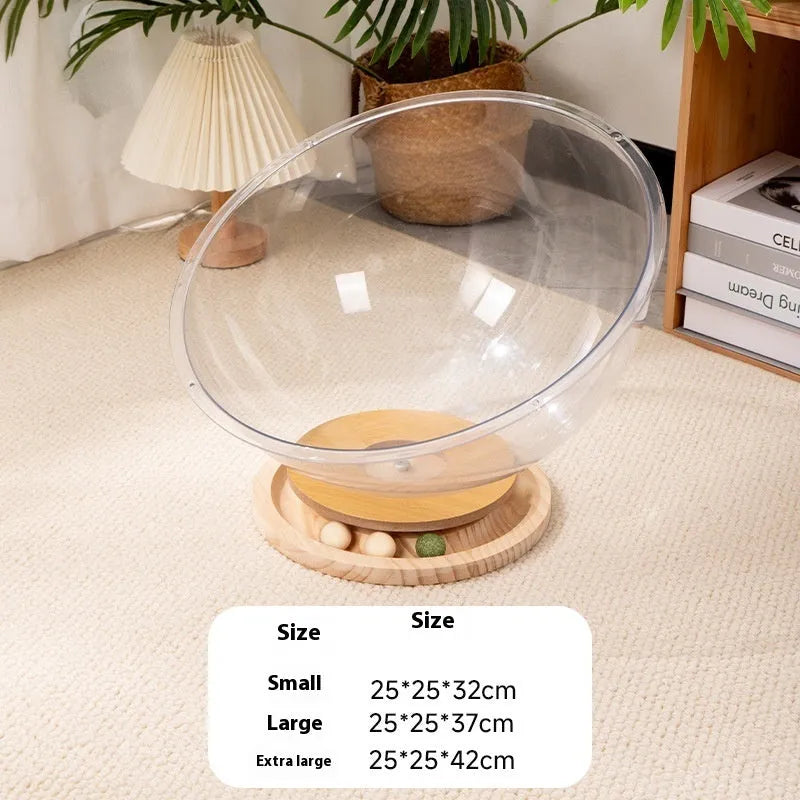 Transparent acrylic cat space capsule bed with turntable base on floor
