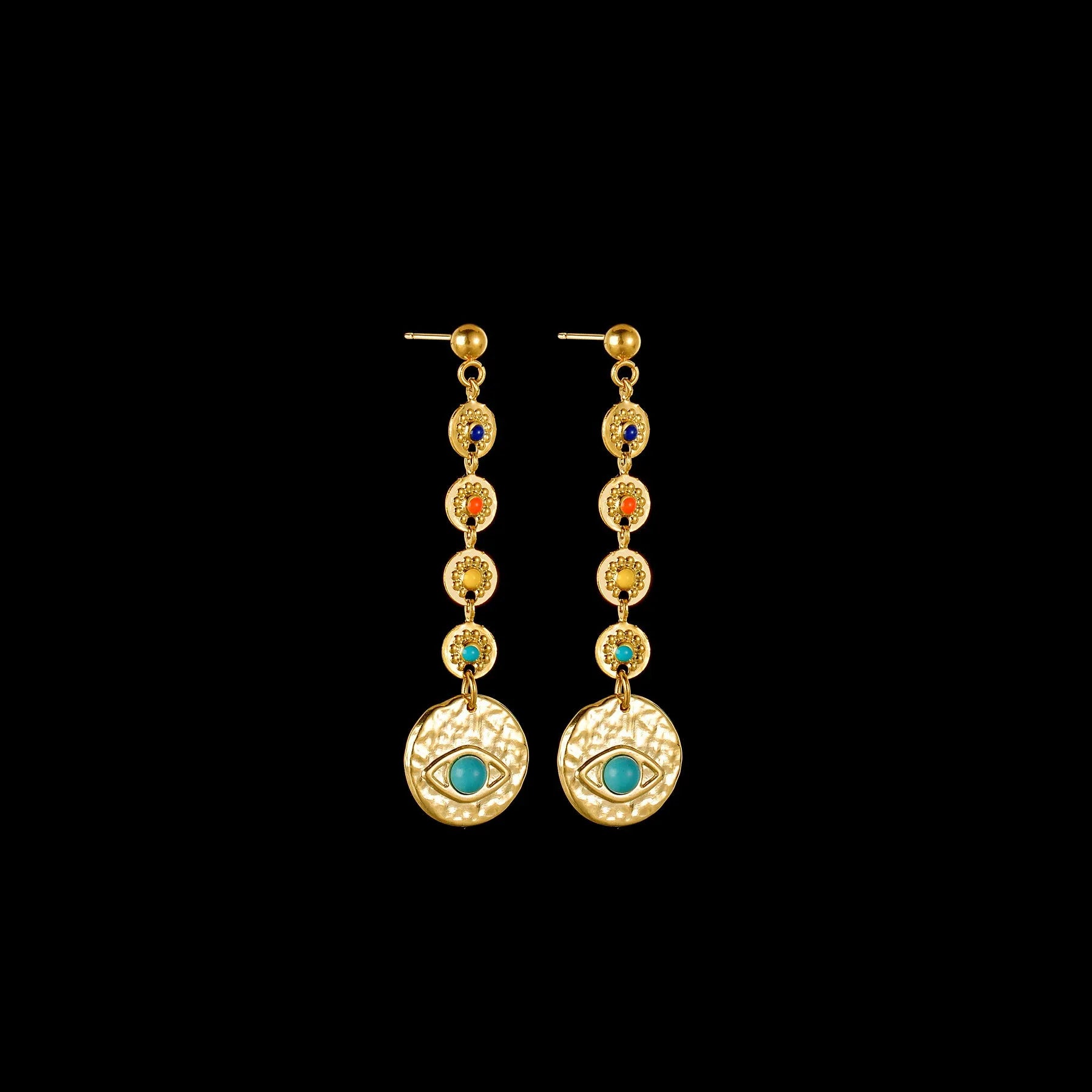 Three pairs of geometric stainless steel earrings showing star, eye and shell sun designs
