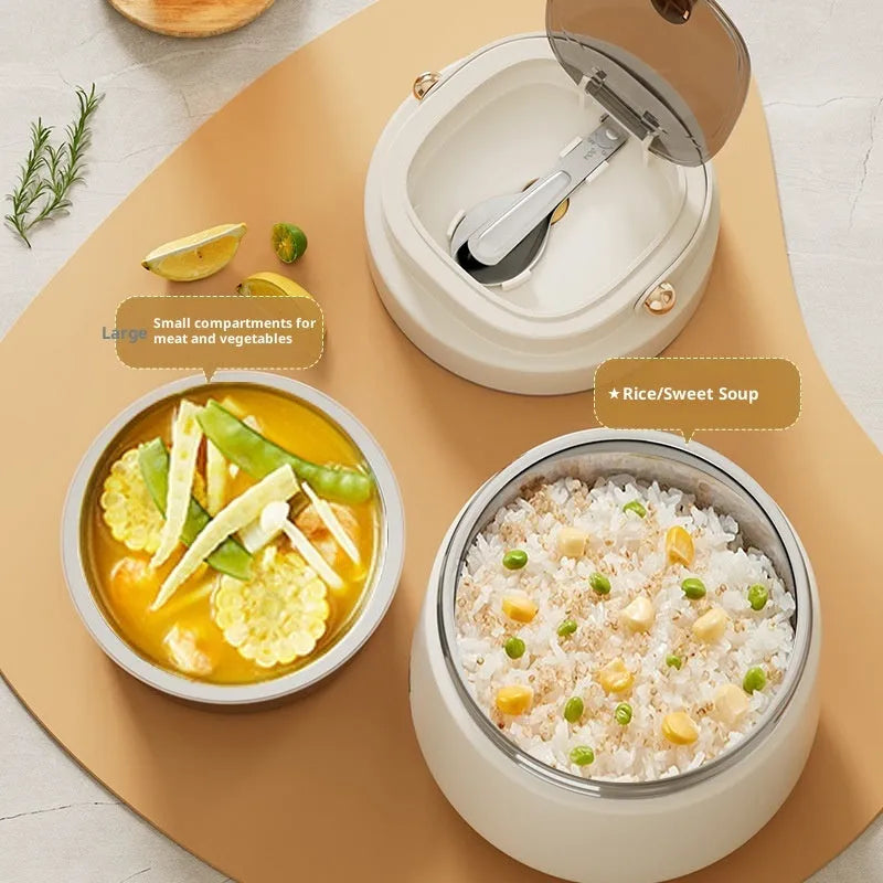 304 stainless steel extra long insulated lunch box in beige with utensils and thermal bag