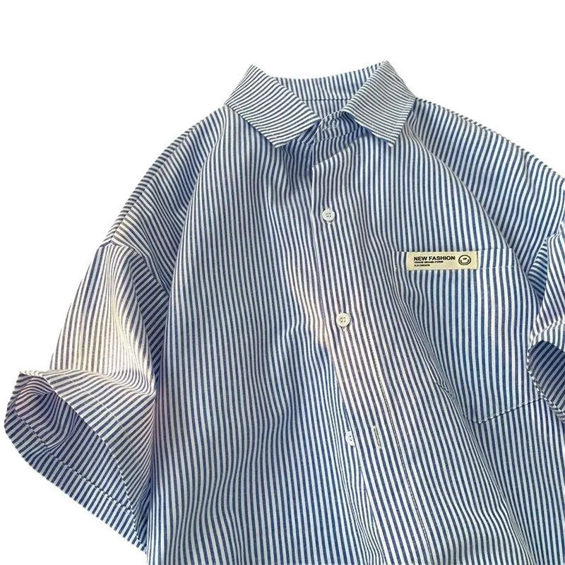 Blue or green striped loose fit plus size casual shirt with half sleeves