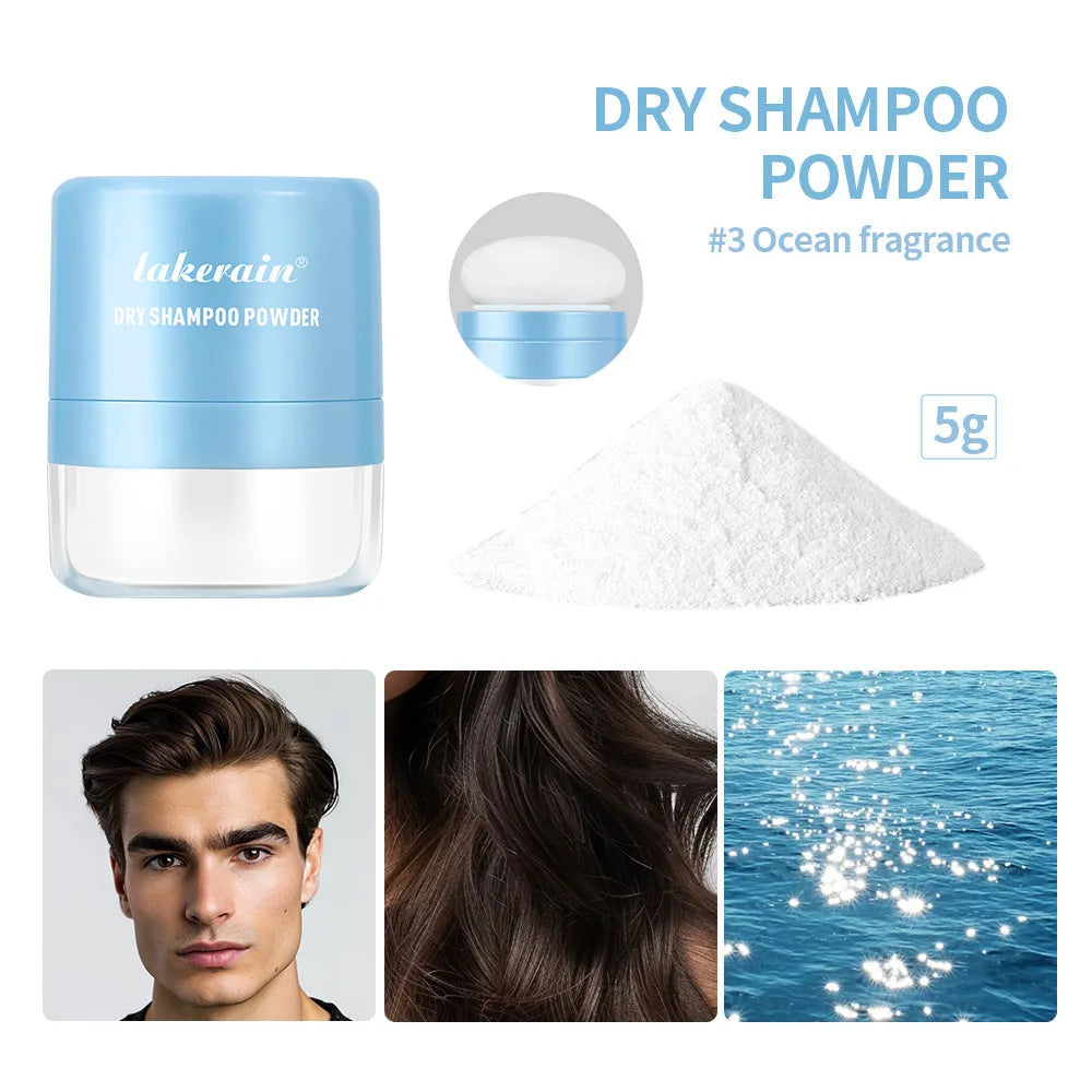 Disposable 5g dry shampoo powder sachet with sponge headband mirror applicator on blue background