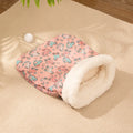 Blue rabbit patterned flannel cat sleeping bag nest measuring 50 by 40 centimetres.