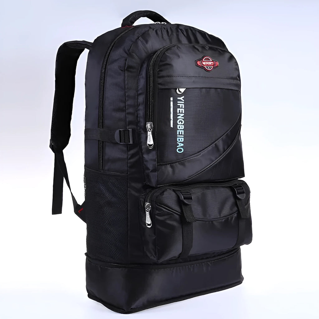 Men's simple outdoor sports large-capacity nylon backpack in black, with 56-75L capacity and dimensions 17x37x64 cm