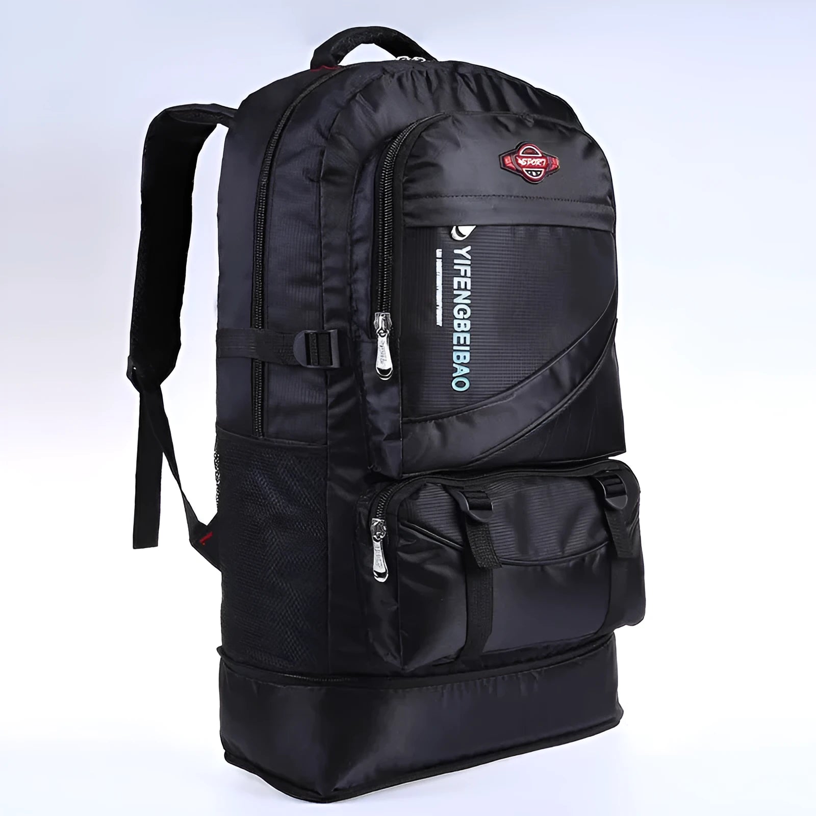 Men's simple outdoor sports large-capacity nylon backpack in black, with 56-75L capacity and dimensions 17x37x64 cm