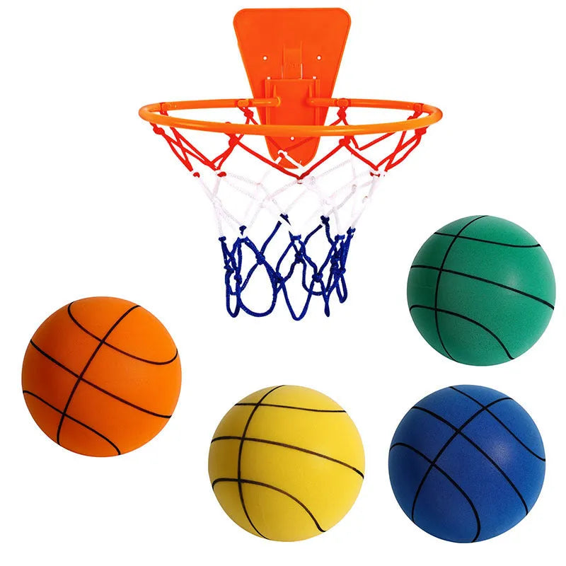 Silent high density foam basketball in assorted colours with basketball frame