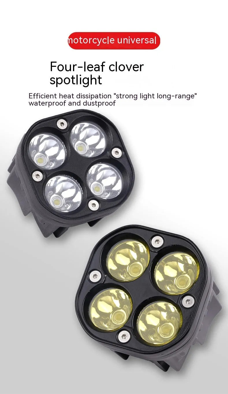 Four-eye vehicle headlight modification with aluminium base plate showing white and yellow light options