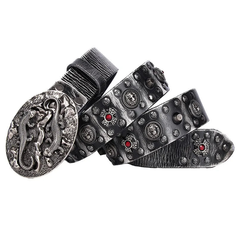 Men's black genuine leather belt with silver punk rivets and an alloy buckle laid flat.