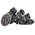 Men's black genuine leather belt with silver punk rivets and an alloy buckle laid flat.