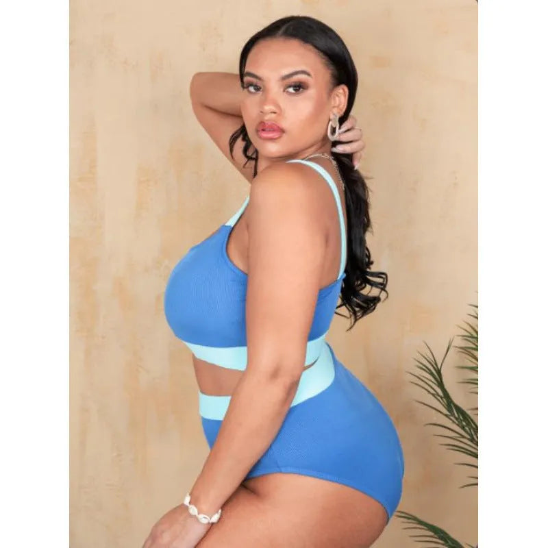Women's solid colour polyester bikini swimsuit with high waist briefs and stitching detail