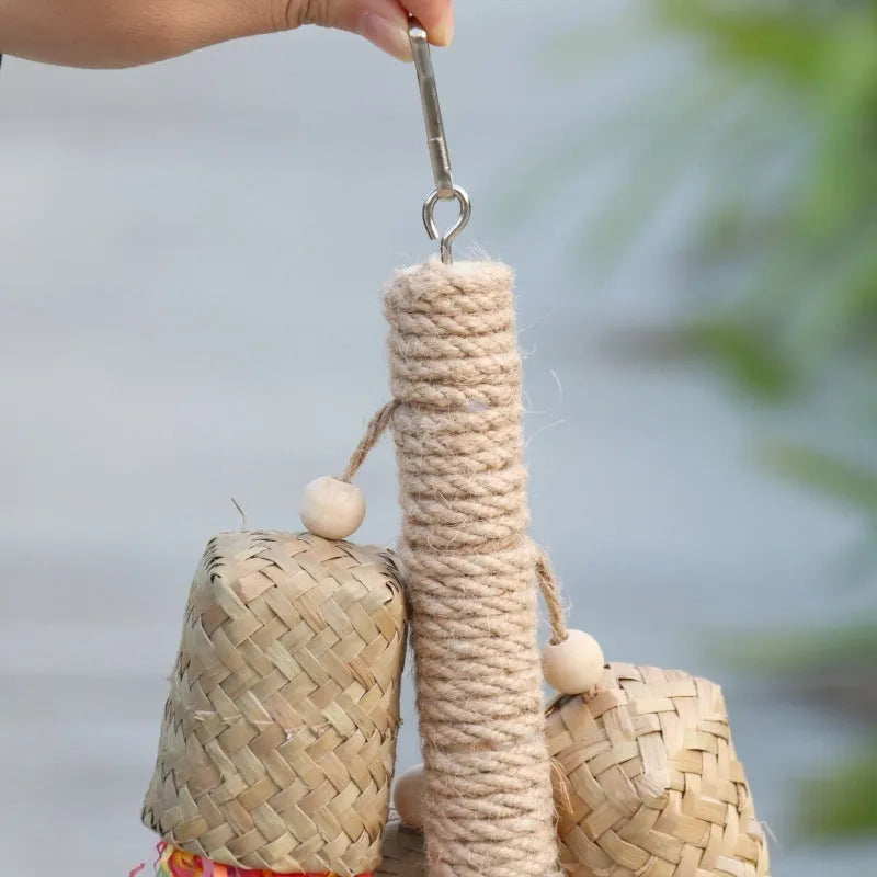 35cm wooden parrot chew toy with sisal rope and colourful paper shreds for foraging activity