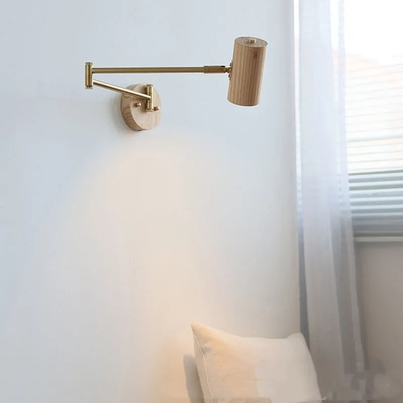 Retro rotating wall lamp with long-arm spotlight in walnut wood and iron with directional adjustment switch