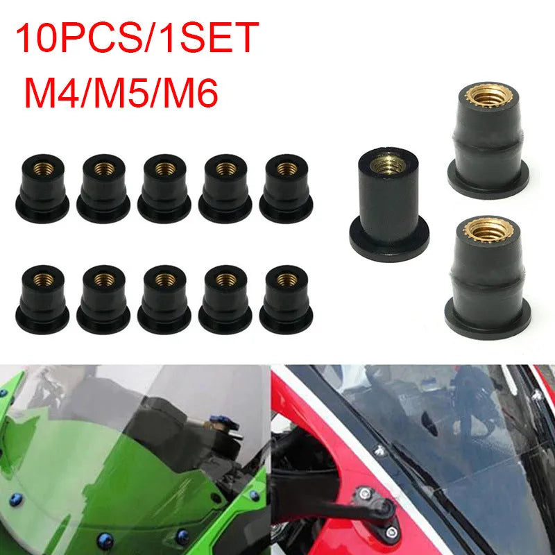 Black motorcycle rubber expansion nuts with brass threads in M4 M5 M6 sizes, set of 10 pieces.